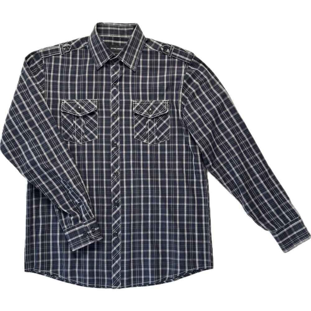 MICHAEL BRANDON Cotton Blend Western Rodeo Plaid Shirt Men's Size M Navy Plaid